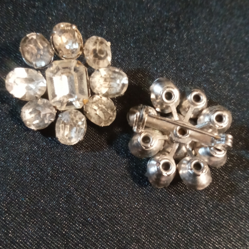 Antique matching Silver Crystal Flower Brooches or lapel pins.